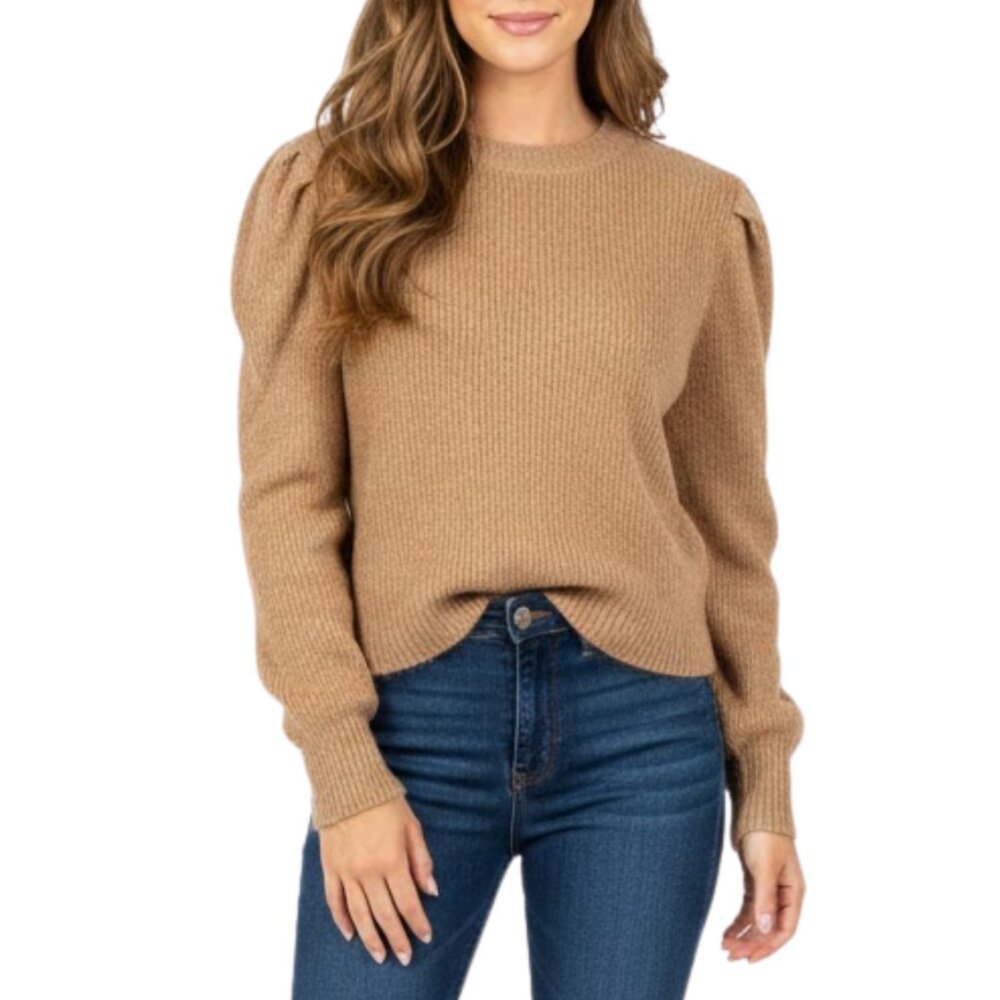 PrettyLittleThing Camel Puff Sleeve Knit Sweater - Size Large